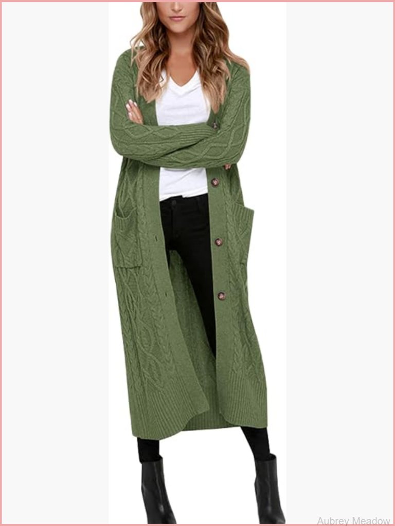 Long Sleeve Cable Knit Button Down Cardigan With Pockets